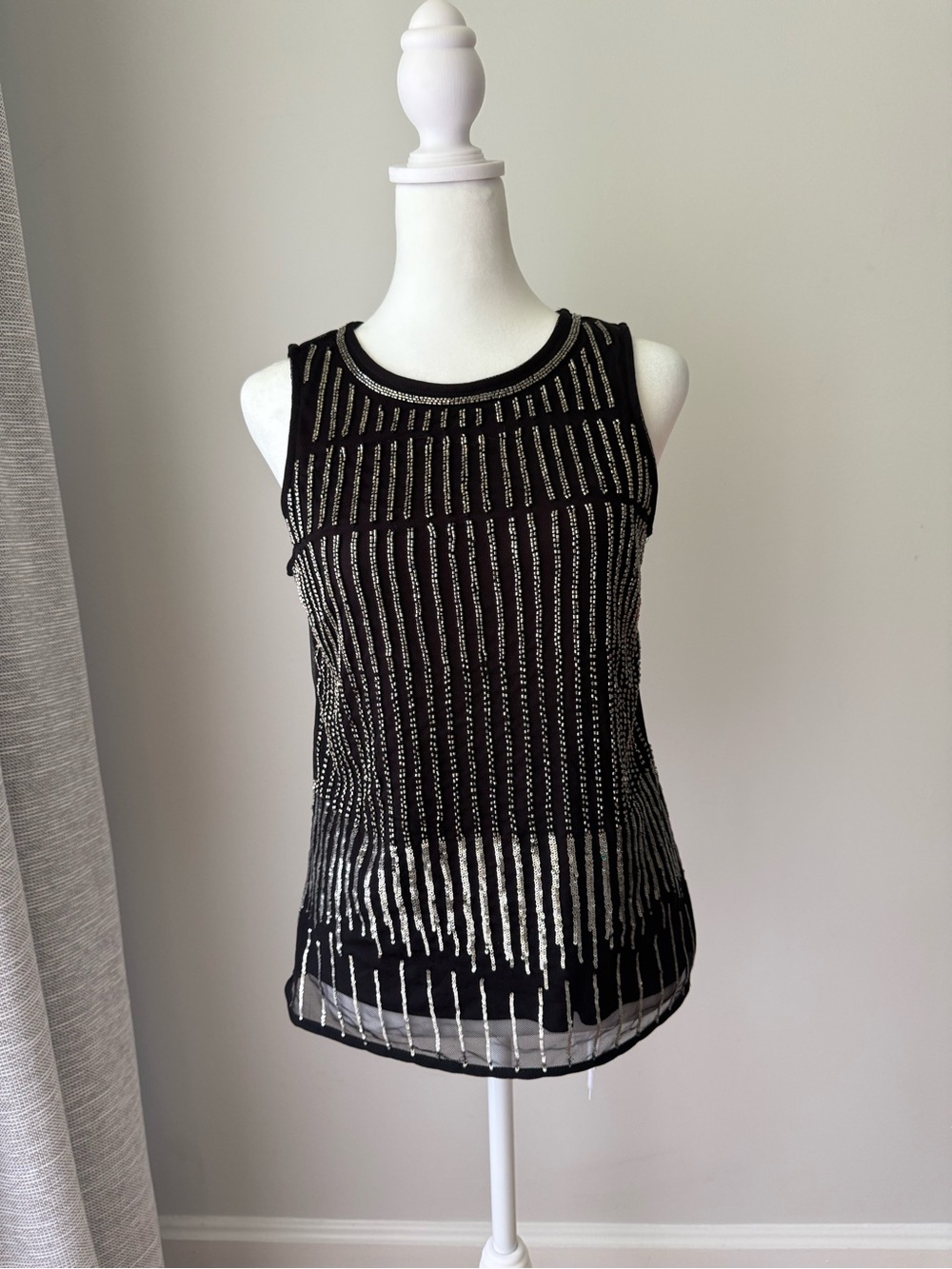 White House Black Market Black Tank with Silver Metallic Stripes XSP